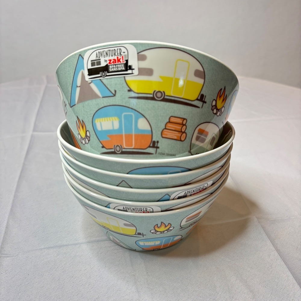 Zak Designs Adventurer Melamine Bowl Set 6pc Retro Camping Vintage Trailer 6 In